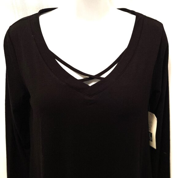 NWT Size Small Black LS Tee Criss Cross Neck SUPER SOFT EYE CANDY - Picture 2 of 8
